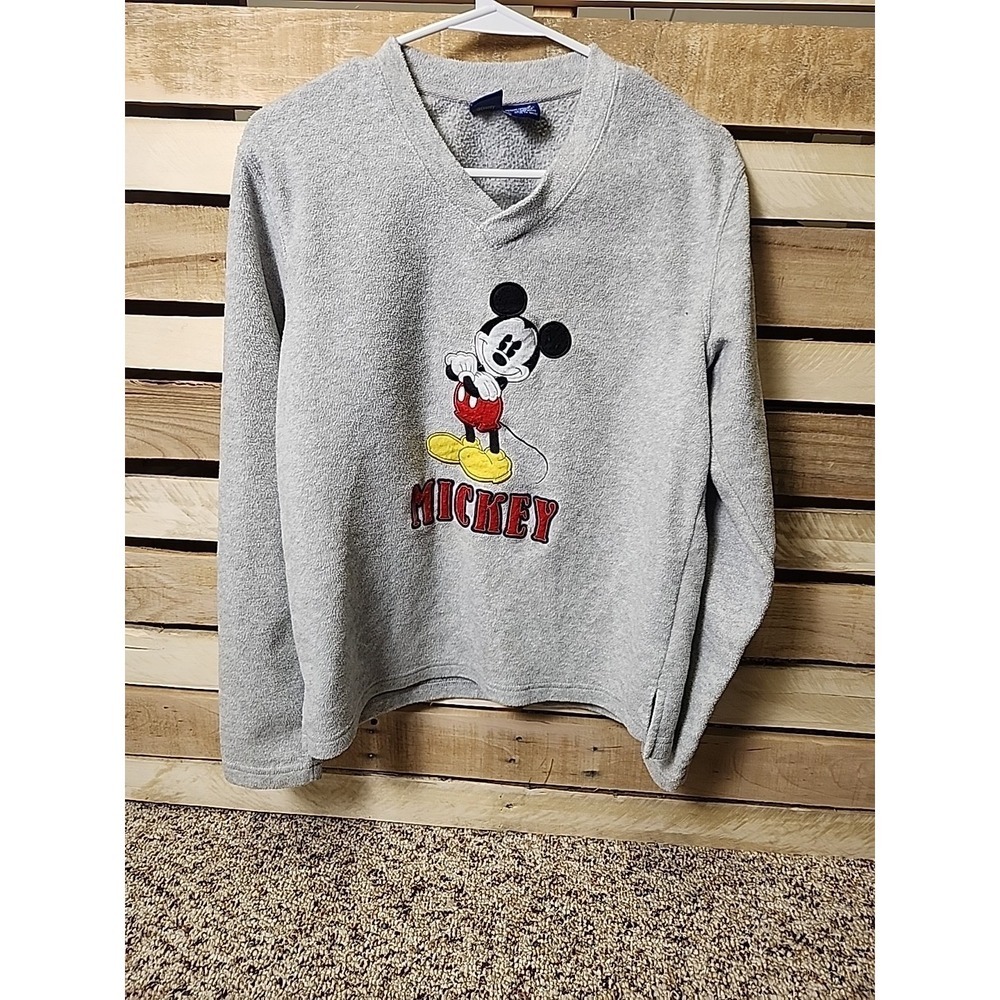 Disney Grey Mickey Mouse Fleece Pullover Long Sleeve V Neck Women Size M
